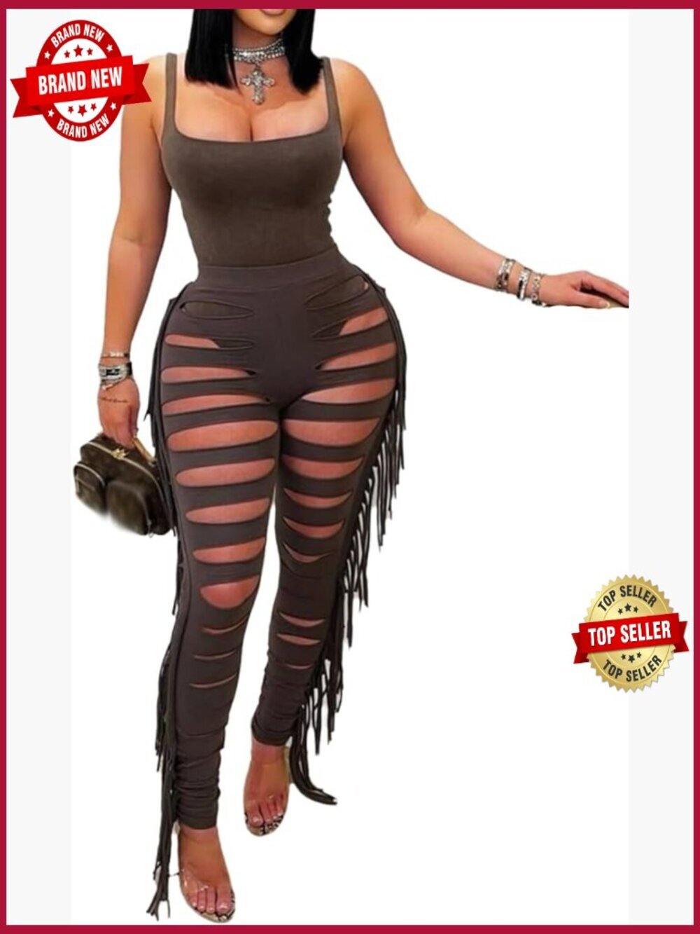 Sexy Bodysuit Top & Bodycon Hollow Pants Set - Sleeveless 2 Piece Outfit